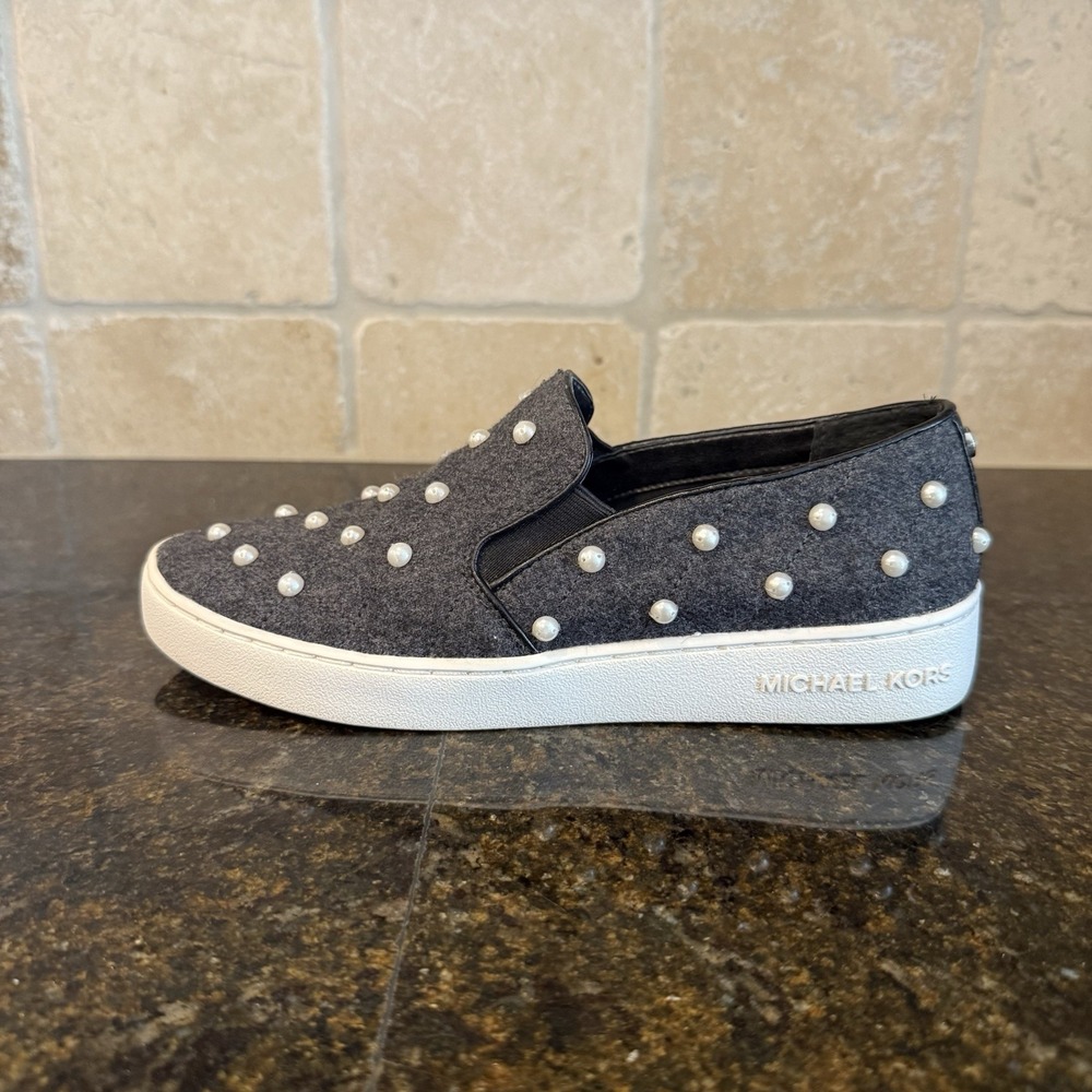 Michael Kors Grey Wool Pearl-Embellished Slip-On Sneakers - Picture 7 of 13
